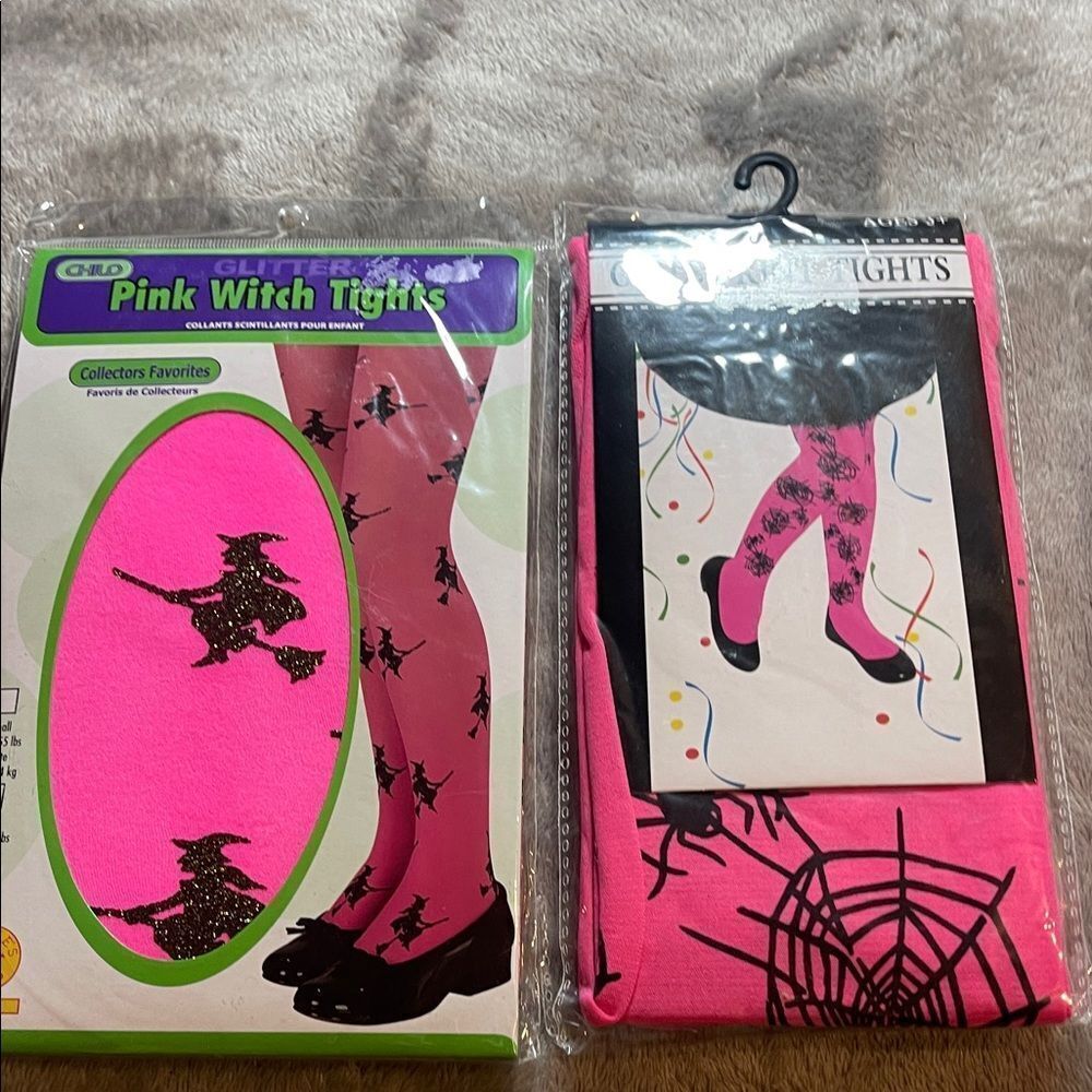 Pink Witch Tights with Black Spider Web Design